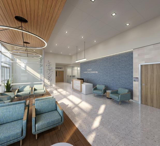 This is a rendering of lobby of the new Olney Hamilton Hospital. Image provided by Skiles Group