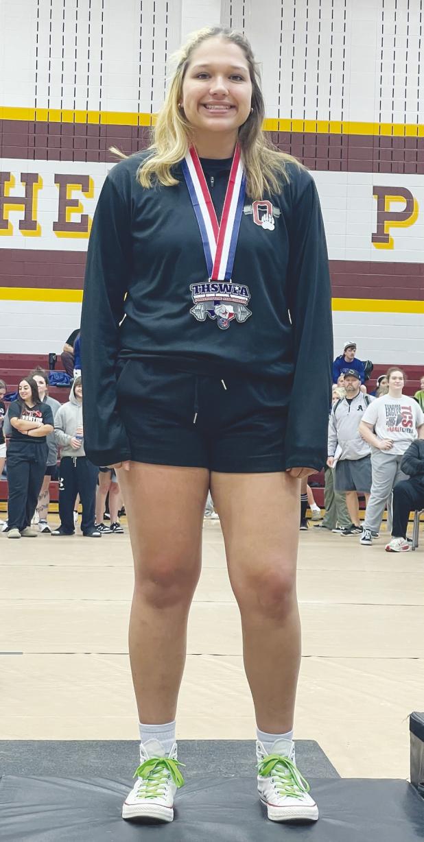 (At Left): Lady Cubs Powerlifter Aubree Englishbee earned her way to state competition after earning second place at regionals in Region 6 Division 4 equipped 165lb class. She will compete in Edinburg, Tx. representing OHS at state competition March 18-21
