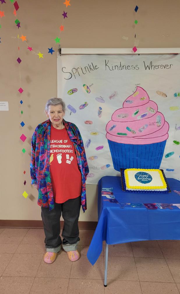 Jeff Ormston (L) and Ellen Harden (R) celebrated their May birthdays at the Olney Senior Cub Center last month with a cake provided by Brazos Communications. Other May babies who were celebrating but not pictured are Vickie Lacey, Robert Dilmore, Helen Di