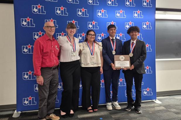 The OHS Math team, (L-R): Coach Dr. Greg Roach, Sophie Roach, Darla Castillo, Adrian Gonzalez, and Jeffry Flores took second place at the State UIL contest for 2A schools with 432 total points behind Three Rivers. Photo courtesy of OHS