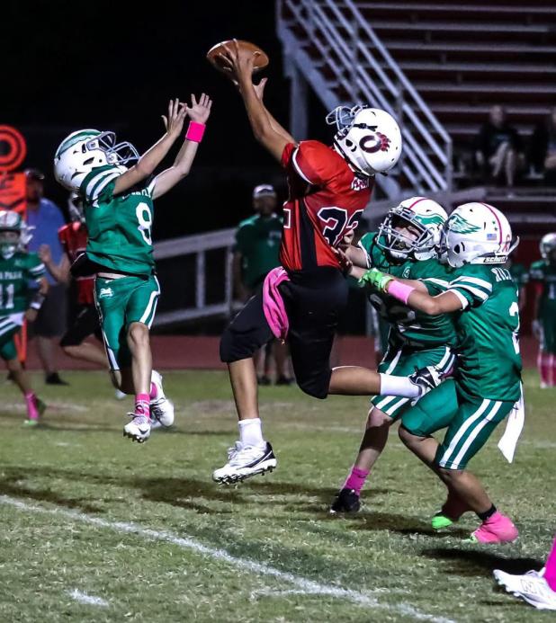 Olney Cub Denis Jeske intercepts a pass against Iowa Park during a Top of Texas Small School Midgets game for fifth- and sixth-graders Oct. 10 at Cub Stadium. The Cubs defeated Iowa Park 42-12. Both Olney youth football teams wrap up their regular seasons