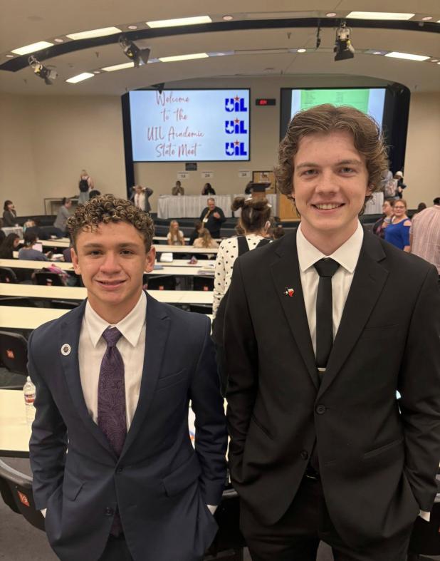 Olney Class of 2026 graduate Sawyer Edgington (R)took fifth at the state UIL Persuasive Speaking contest. Maddox Johnson (L) was among the top 12 2A competitors at the state UIL contest.