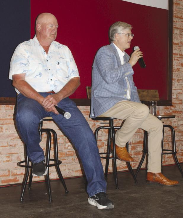 Young County Precinct 4 Commissioner candidate Bobby Swetnam (L) and County Judge Win Graham (R) participate in a runoff debate at Hudson’s on Main on Tuesday, April 28. Photo by Gina Keating