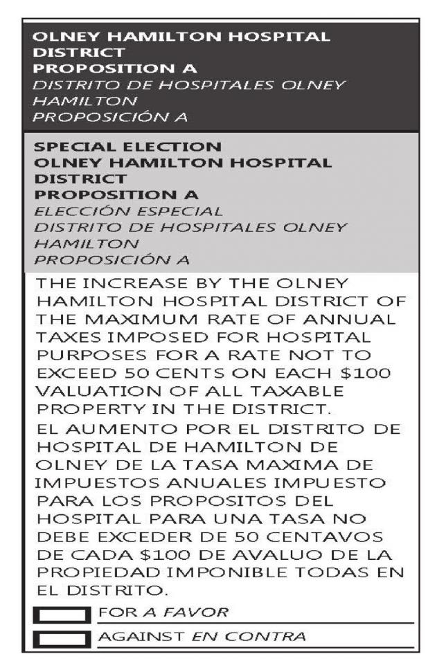 Sample Ballot of Olney Hamilton Hospital District Prop A