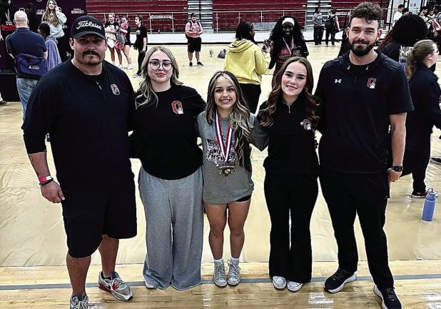 Olney High School was well represented in the regional powerlifting competition this year with two Lady Cubs heading to state to compete. Coaches and Lady Cubs who participated in the regional contest in Sherman on March 3 were: [L-R]: Coach Casey Keeter,