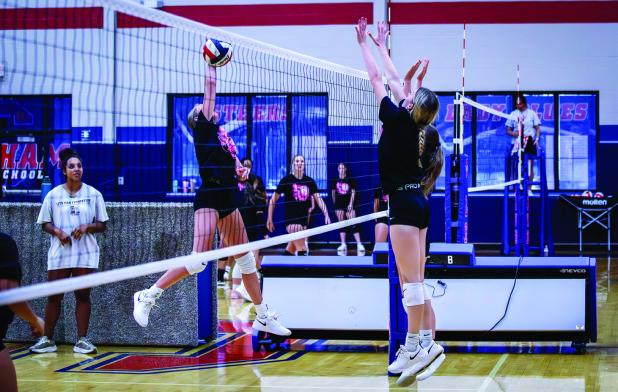 Two Ladycats go up at the net for a block. Photo by Will Sadler