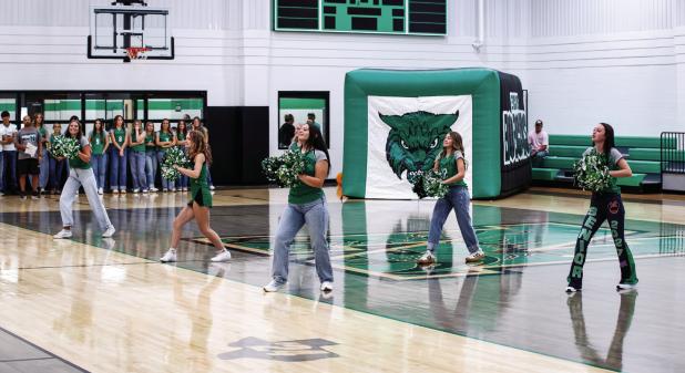 Newcastle Ladycat cheerleaders perform cheers to pump up the crowd excited during Meet the Bobcats night. Photo by Will Sadler