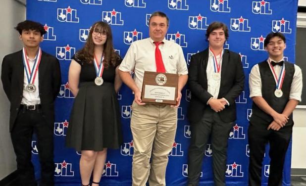 The Calculator Applications Team, coached by Tim Orsak, won a second-place silver medal at the State UIL competition in Austin last month. The team members include Jeffry Flores, Sophie Roach, Caleb Johnson and Aidyn Bitner. Photo by Sherry Livingston