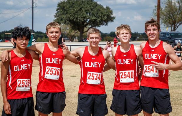 OHS varsity boys competing in the Olney Invitational were Pedro Gonzalez, Trey Geter, Trent Berngen, Jaxxon Laurent, and Wesley Symank. Photo by Will Sadler