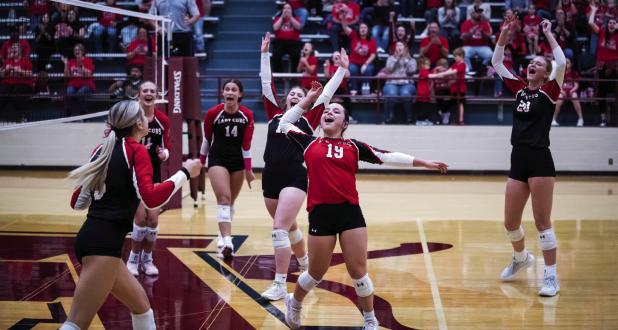 Lady Cubs celebrate teammate Bowers kill shot. Photo by Will Sadler