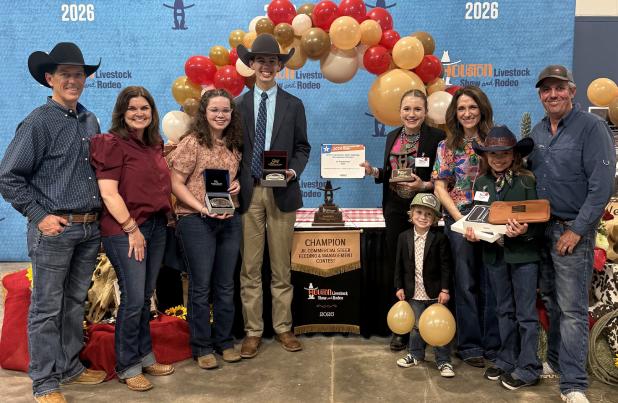L-R: Brandon Joy, Dana Joy, Adalyn Joy, Senior Champion Caden Joy, Junior Champion True Creel, Dancey Creel, Haven Creel, Chet Creel, and Rooster Creel. Photo provided by Dancey Creel