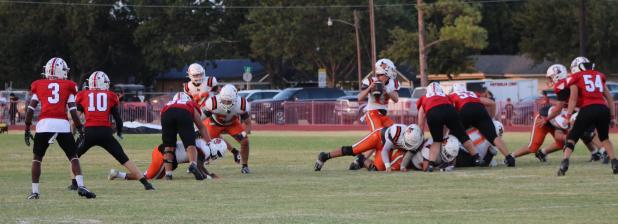 Petrolia Quarterback Cody Cox led the Pirates to a 30-26 victory over the Cubs in Olney Stadium, coming from behind with a grinding running game. Photo by Gina Keating
