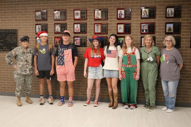 (L-R): Lila McCutcheon, Trey Geter, Kyle Turner, Grace Jeske, Kailyn Altmiller, Savanna Burger, Marla Kellogg and Sherry Livingston. Photo by Kristen Fields