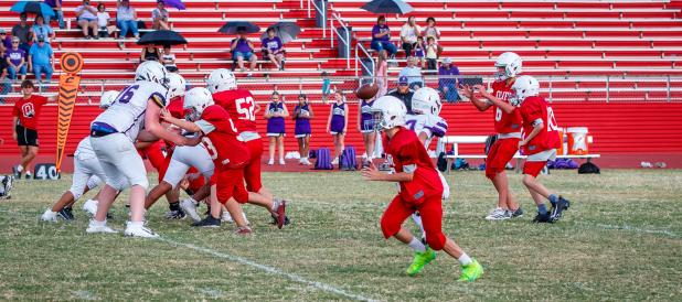 The OJH Cub White team quarterback #6 Brennan Horner takes the snap as the Cub offense holds up the Plowboys’ defense like a brick wall. Horner had plenty of time all night thanks to the great offensive line. Photo by Will Sadler