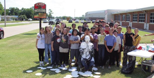 OJH eighth graders had the opportunity to hit Principal Ed Berngen with pies during a special “Pie the Principal” event on Friday, Sept. 19, at the school. Each eighth grader got a chance to hit the principal in the face with a pie after winning the O