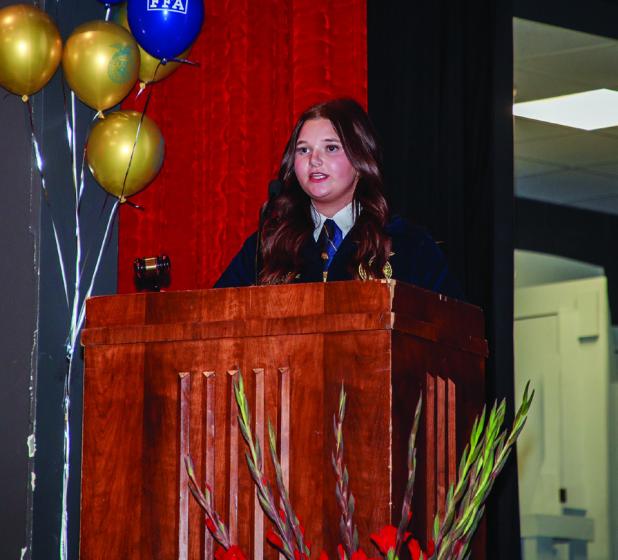 OHS FFA President Marlee Lane addresses attendees of the OHS FFA banquet. Photo by Will Sadler