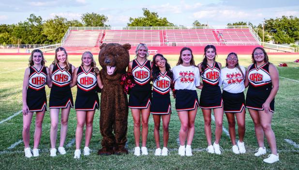 L-R: Calyn Johnson, Emerald Edgington, Taylor Cadotte, Kynlee Lauderdale, Anastazia Vasquez, Ava Stewart, Katy Rosales, Arlette Olvera, Kristen Fields. These are your OHS Varsity Cheerleaders; they are sure to get the crowd on their feet and cheering for