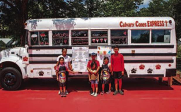 Calvary Cone Express opened across from Allsup’s in Olney off Main Street and offers a variety of delicious, flavored snow cones. Shown are Calvary Cones owner Mari Behrens [upper left] with her children, who are her helpers: Agape, RJ, Bliss, Grace, an
