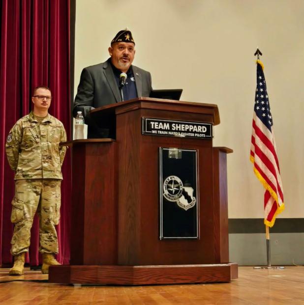 American Legion District 13 Commander Chris Garcia speaks at Sheppard Air Force Base in Wichita Falls last month. Photo by Heather Garcia