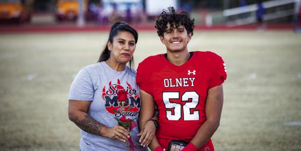 OHS Cub #52 Rodolfo Xavier Arce was escorted by Gloria Jimenez. Rodolfo was the Cubs offense tackle and defensive end. Rodolfo plans to attend Texas A&M University to study computer engineering. His favorite memory was when a team mate jumped into a puddle during a practice when it was snowing.