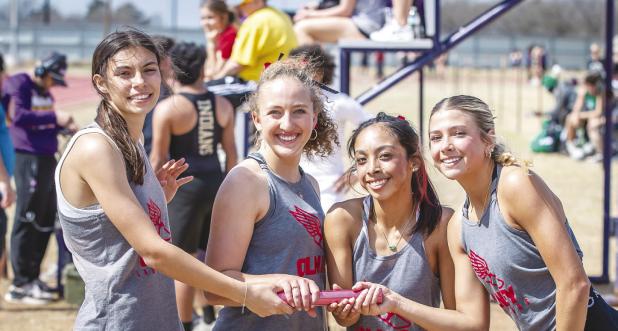 The first place finishers in the 4x1 relays were the OHS team of [L-R] Hallee Craven, Mackenzie Berngen, Anastasia Vasquez and Bradi Bowers. Photo by Will Sadler