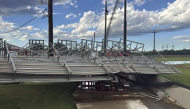 A Sept. 21 storm ripped through Olney, causing severe damage to buildings and structures, including the new bleachers at the baseball complex. Photo by OVFD Capt. Jason Pack