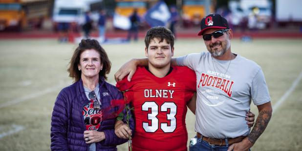 OHS Cub #33 Cye Dixon was escorted by Celeste and Cody Dixon. Cye played running back and linebacker for the Cubs for 6 years. Cye said his favorite memory was his eighth-grade Cub game against the Chico Dragons.