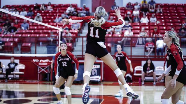 Lady Cub #11 Kynlee Lauderdale sends a blistering kill shot towards Lady Indian defenders. Photo by Will Sadler
