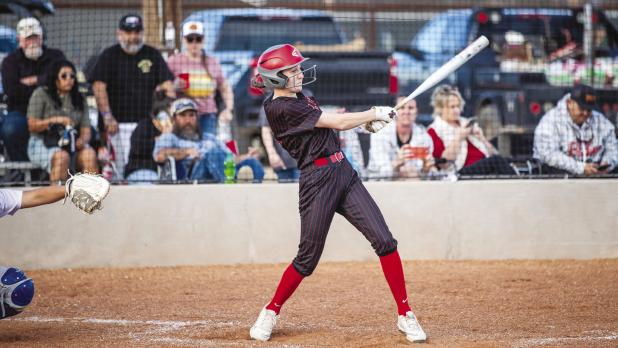 OHS Lady Cub #12 Oaklan Hopkins at bat against Knox City during the OISD softball Tourney. Photo by Will Sadler