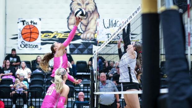 OHS Lady Cub #14 Angel Turner tips one over the net towards Ladycat blockers.
