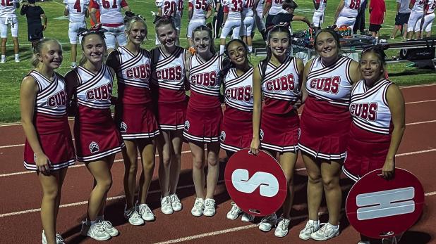 The Olney High School cheerleaders accompanied the Cubs to Quanah for their first game in district play. Photo by Ashley Bint