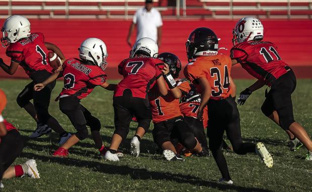 Peewee Cub #7 Tucker Harrison blocks a Vernon Lion defender. Photo by Will Sadler