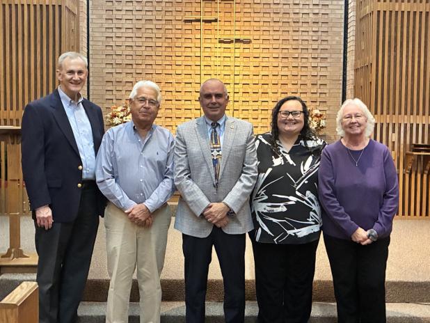 Olney Cumberland Presbyterian Church welcomes its new pastor, Rev. Toby Davis, during a Service of Installation on Oct. 4. L-R: Rev. Wes Johnson, Elder Dike Hamilton, Rev. Toby Davis, Rev. Terra Sisco, Elder Debra Bryant.