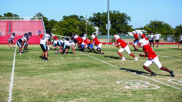 The Cub offense takes the field against the Abilene Eagles. The Cubs begin the year with their new spread offense, which will give the team more options to move the ball and a better chance at big aerial plays downfield. Photo by Will Sadler