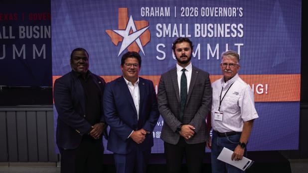 Attendees at the 2026 Governor’s Small Business Summit in Graham included Jarvis Brewer, Texas Economic Development & Tourism; keynote speaker David Proctor II, CEO of Southern Bleacher Co.; William Taylor, Governor’s Small Business Assistance Tea