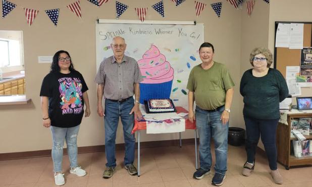 The Olney Senior Cub Center celebrated July birthdays last week. Congratulations, James Wiley, Dan Winingham, Lora Weems, Cassey Crump, and (not pictured) Edwana Fikes. The Center thanked Kathy Cribbs for the delicious cake. Photo courtesy of Olney Cub Ce
