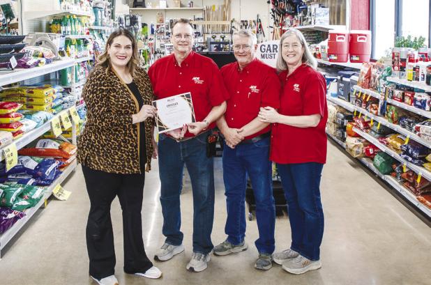 Olney Chamber of Commerce director Kimberly Smith hands a certificate to Jeff, Rand and Kris Kamp honoring ACE Hardware’s first anniversary. Photo by Will Sadler
