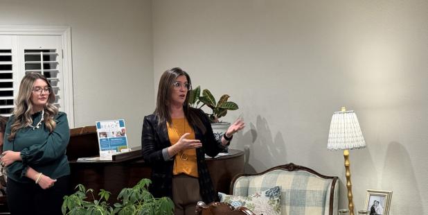 Olneyite Kaci McKinzie, the new director of Virginia’s House, talks to Olney community members about the nonprofit children’s advocacy group at a meeting at the home of Mayor Rue and Anna Rogers last week. Photo by Chad Edgington