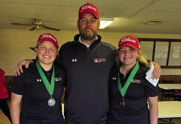 The OHS Lady Cubs Golf team traveled to Hamlin for the Hamlin Invitational Tournament. The Lady Cubs saw great success with Ellie Hinson [L] earning a second-place finish after a scorecard playoff with first place winner Marlee Lane [R]. OHS Golf Coach Garrett Pace [C] proudly stands with his golfing students after the tourney. Great job Lady Cubs! Fight On! 
