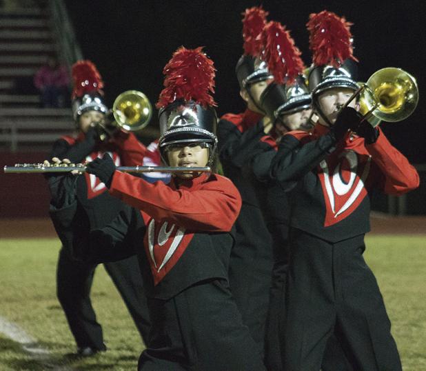 The ‘Pride of Olney” High School band play’s during the halftime show of last Friday’s game against Alvord. The band recently earned a division 1 ranking at the regional competition last Saturday in Wichita Falls.