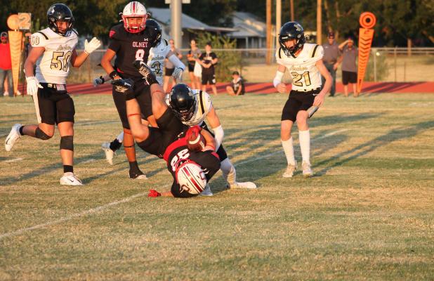 Cubs #22 Kyle Stewart is tackled by a Wildcat defender in Olney’s Sept. 18 Homecoming game against Archer City at Cub Stadium. The Cubs prevailed in the high-scoring contest, 42-36. Photo by Kailyn Altmiller