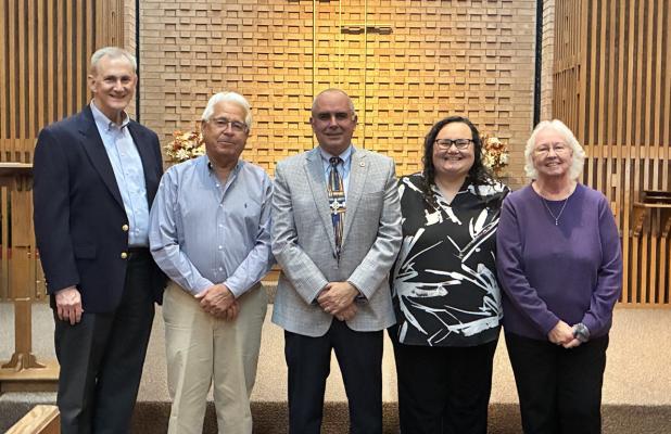 Olney Cumberland Presbyterian Church welcomes its new pastor, Rev. Toby Davis, during a Service of Installation on Oct. 4. L-R: Rev. Wes Johnson, Elder Dike Hamilton, Rev. Toby Davis, Rev. Terra Sisco, Elder Debra Bryant.