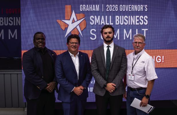 Attendees at the 2026 Governor’s Small Business Summit in Graham included Jarvis Brewer, Texas Economic Development &amp; Tourism; keynote speaker David Proctor II, CEO of Southern Bleacher Co.; William Taylor, Governor’s Small Business Assistance Tea