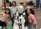 Southside Baptist Church’s Pastor Josh Hagle was “pied” by the team that raised the most for Christmas Boxes at Vacation Bible School. Clockwise from top left: Kiera Murphy, Charlotte Garcia, Zoey Manqueros and Julia. Photo provided by Southside Bap