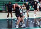 Ladycat #2 Kinsey Hawkins has that fighting Ladycat spirit needed on defense, shown fighting for control of the ball with a Lady Greyhound defender. Photo by Will Sadler