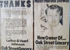 The passing of the Oak Street Grocery from Luther and Vearl Johnson to Harold and Faye Stewart was marked in the Olney Enterprise in 1975.