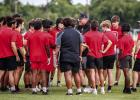 Olney ISD Athletic Director and Head Cub Football Coach Chris Tobola gives a pep talk during the recent player-led 7-on-7 game against Munday. Photo by Will Sadler