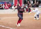 OHS Lady Cub #5 Morgan Simmons scrambles for first base after a hit against Knox City. Photo by Will Sadler