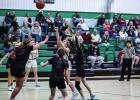 Ladycat #5 Kinzlee Sweat shoots inside the paint while smothered by Lady Greyhound defenders. Photo by Will Sadler