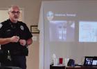Olney Police Chief Dan Birbeck talks to attendees at a May 20 seminar at the Olney Senior Cub Center about how to recognize an opioid overdose and administer Narcan. Photo by Gina Keating